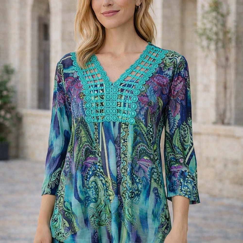 One World Women L Blue Purple Paisley Tunic Top Crochet Neck 3/4 Sleeve Stretch